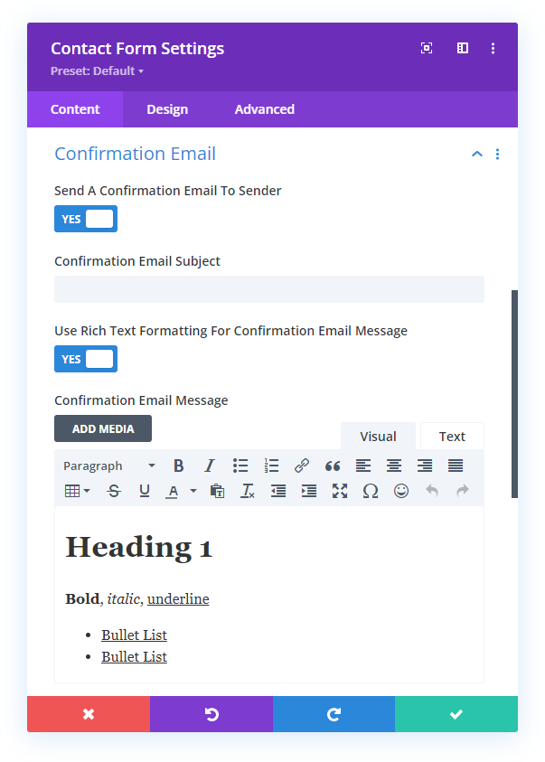 use rich text HTML formatting for the confirmation email message in the Divi Contact Form Helper