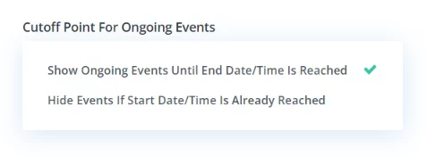 Cutoff point for ongoing events Setting In the Events Feed module Divi Events Calendar Plugin by Pee Aye Creative