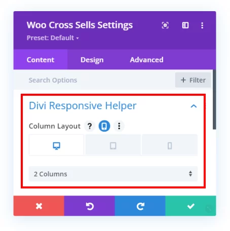 Woo Cross Sells module responsive number of columns settings in the Divi Responsive Helper 2.3 Woo Cross Sells module responsive number of columns settings in the Divi Responsive Helper 2.3