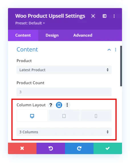 Woo Product Upsell module responsive number of columns settings in the Divi Responsive Helper 2.3