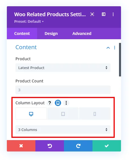 Woo Related Products responsive number of columns settings in the Divi Responsive Helper 2.3