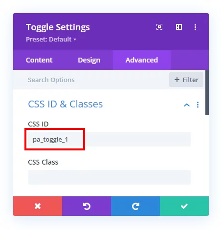 add a custom CSS ID in the toggle module to open on link
