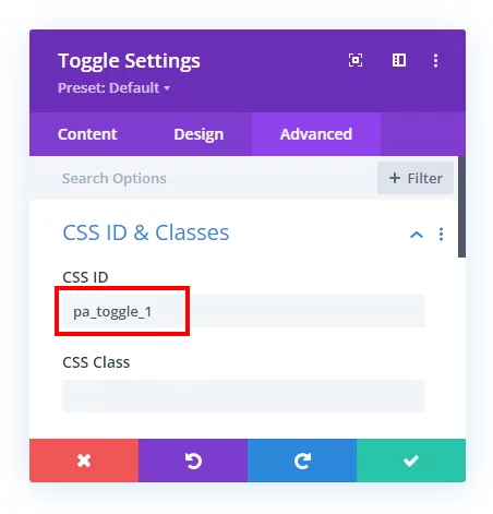 add a custom CSS ID in the toggle module to open on link add a custom CSS ID in the toggle module to open on link