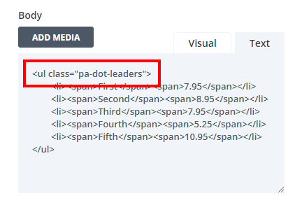 add a custom CSS class to an unorderd list in Divi to create dot leaders
