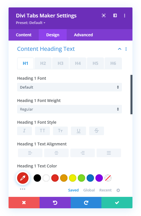 content heading text design settings in the Divi Tabs Maker plugin