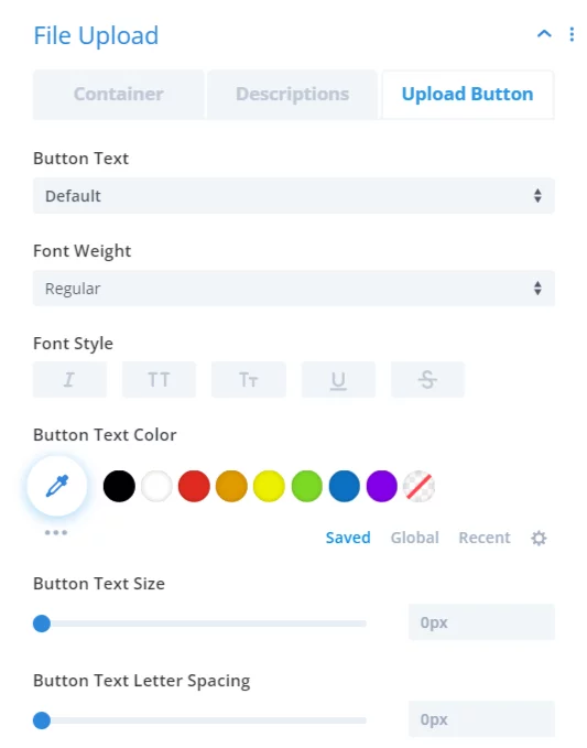 design settings for file upload button settings in the Divi Contact Form Helper plugin