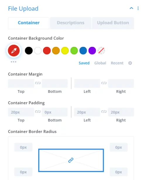 design settings for file upload container settings in the Divi Contact Form Helper plugin design settings for file upload container settings in the Divi Contact Form Helper plugin