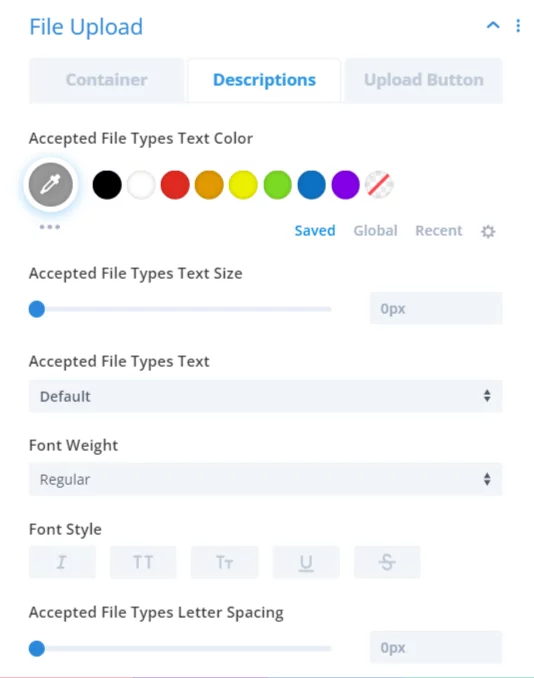 design settings for file upload descriptions settings in the Divi Contact Form Helper plugin