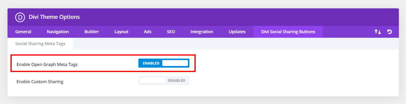 enable open graph meta tags in the Divi Social Sharing Buttons module