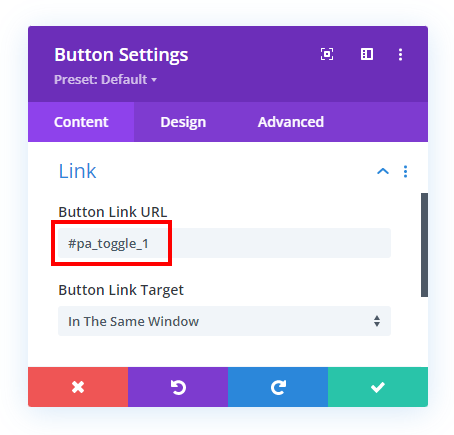 link to a toggle by adding the custom CSS ID in a button module link field