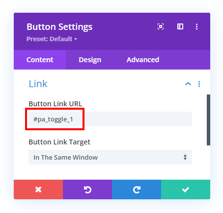 link to a toggle by adding the custom CSS ID in a button module link field link to a toggle by adding the custom CSS ID in a button module link field
