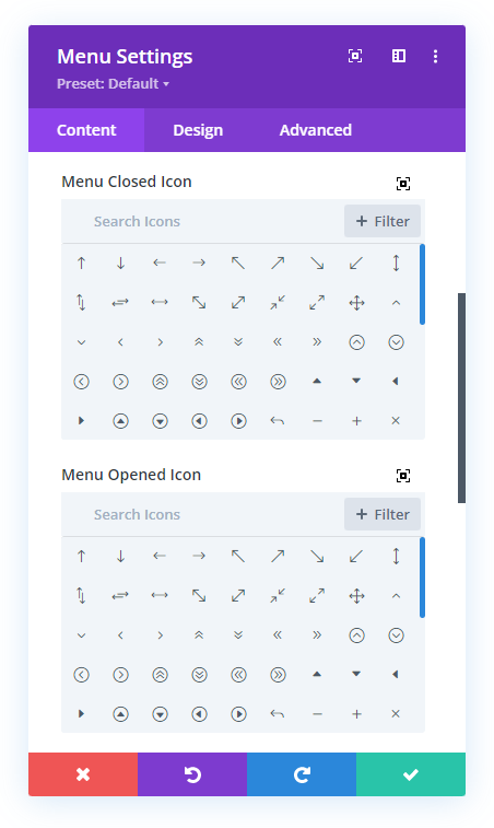 mobile hamburger menu open and closed icon picker settings in the Divi Responsive Helper 2.3