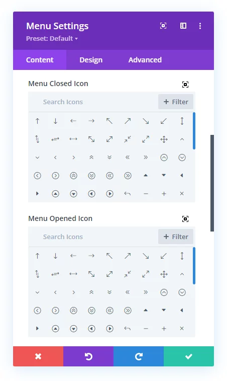 mobile hamburger menu open and closed icon picker settings in the Divi Responsive Helper 2.3