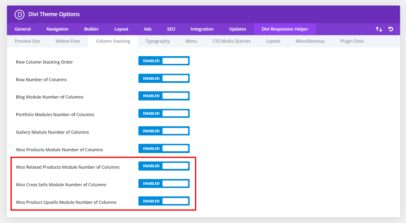 new WooCommerce column stacking settings in the Divi Responsive Helper plugin