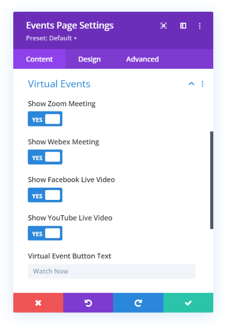 virtual events support in the Events Page module of Divi Events Calendar