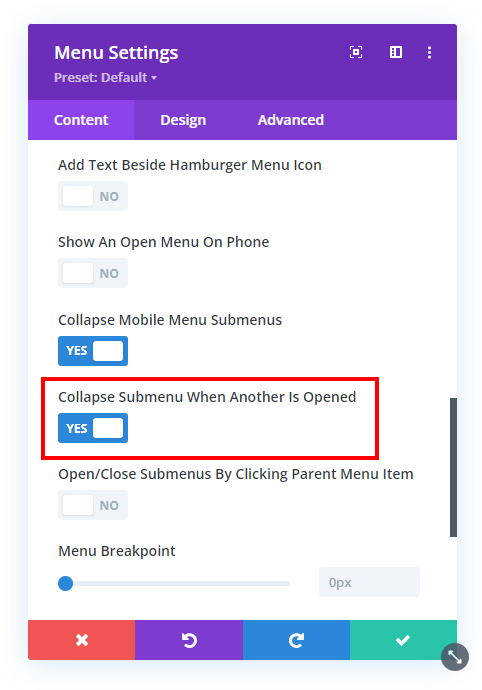 Collapse Submenu When Another Is Opened menu setting in the Divi Responsive Helper 2.3