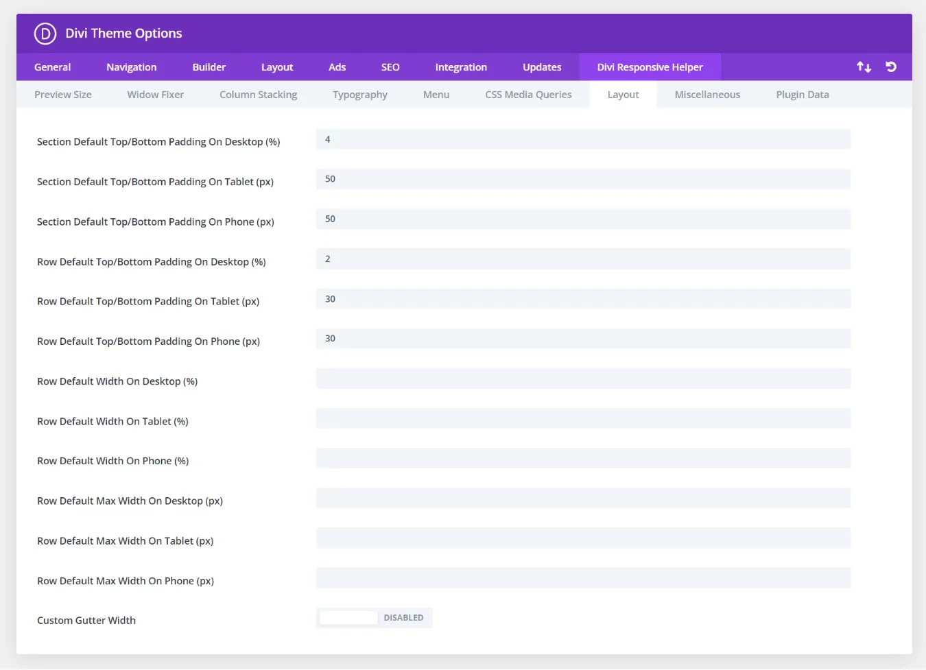 Divi Theme Options Layout settings in the Divi Responsive Helper 2.3