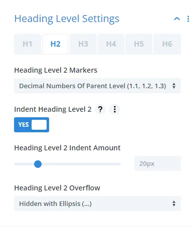 content heading level settings in the Divi Table of Contents Maker module plugin by Pee Aye Creative