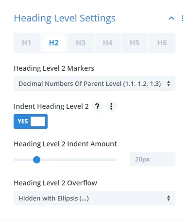 content heading level settings in the Divi Table of Contents Maker module plugin by Pee-Aye Creative content heading level settings in the Divi Table of Contents Maker module plugin by Pee Aye Creative