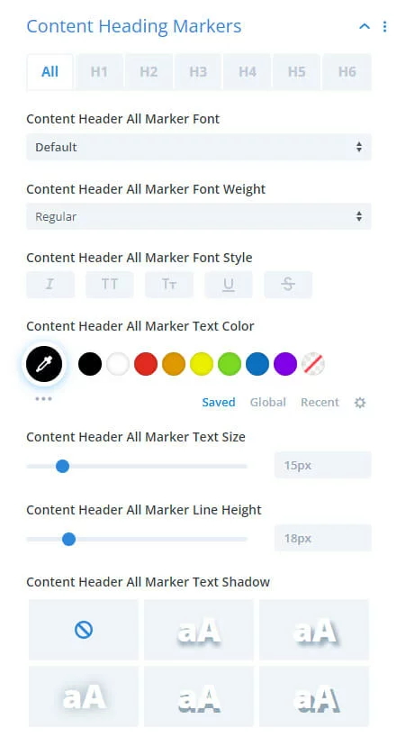 content heading marker settings in the Divi Table of Contents Maker module plugin by Pee Aye Creative