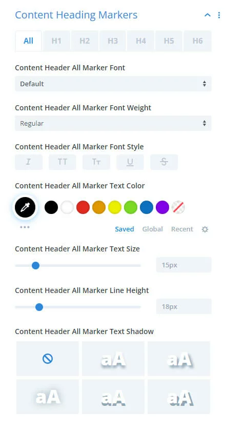 content heading marker settings in the Divi Table of Contents Maker module plugin by Pee-Aye Creative content heading marker settings in the Divi Table of Contents Maker module plugin by Pee Aye Creative