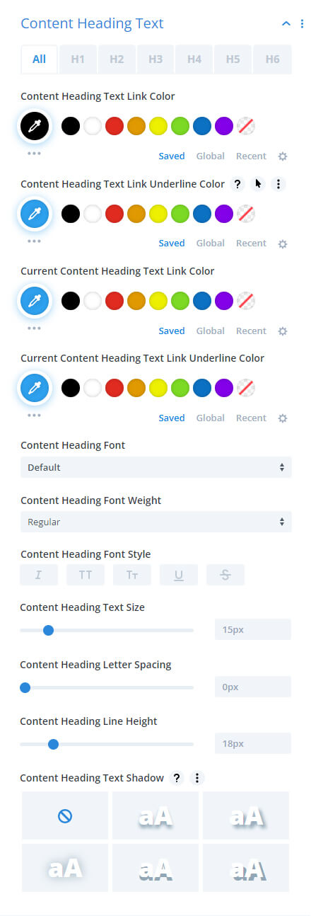 content heading text settings in the Divi Table of Contents Maker module plugin by Pee Aye Creative