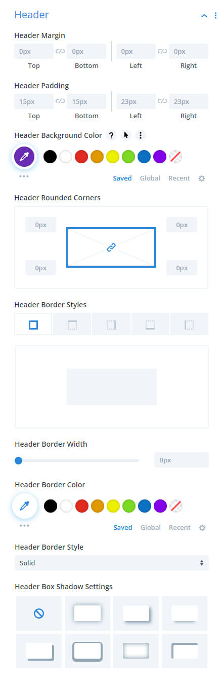 header settings in the Divi Table of Contents Maker module plugin by Pee Aye Creative