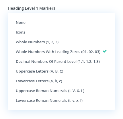 heading level marker selection setting in the Divi Table of Contents Maker module plugin by Pee Aye Creative
