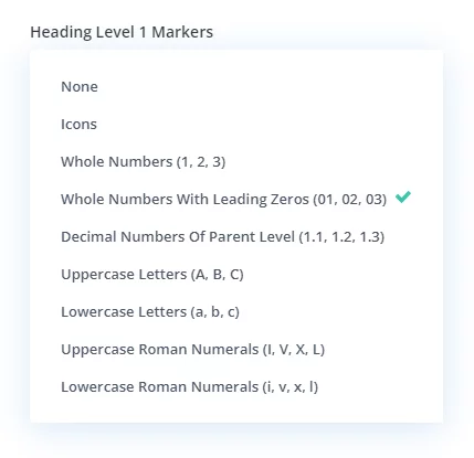 heading level marker selection setting in the Divi Table of Contents Maker module plugin by Pee-Aye Creative heading level marker selection setting in the Divi Table of Contents Maker module plugin by Pee Aye Creative