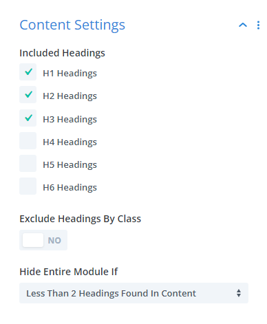 included content heading settings in the Divi Table of Contents Maker module plugin by Pee Aye Creative 1