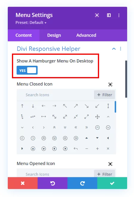 show hamburger menu on desktop setting in the Divi Responsive Helper plugin