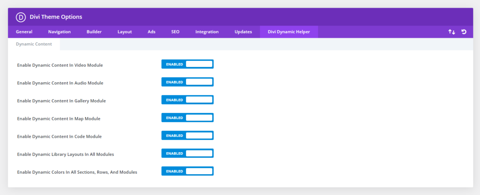 Divi Theme Options Settings to enable or disable each feature in the Divi Dynamic Helper plugin