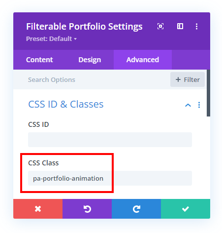 add css class to the Divi Filterable Portfolio module to change the animation
