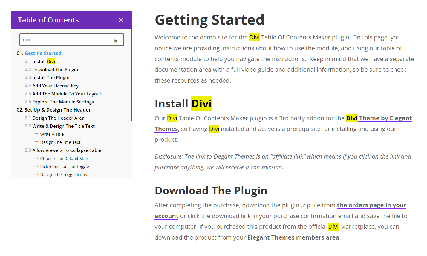 example of the keyword highlight feature in the Divi Table of Contents Maker plugin by Pee Aye Creative