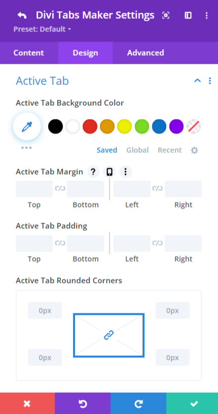 individual tab active design settings in the Divi Tabs Maker plugin