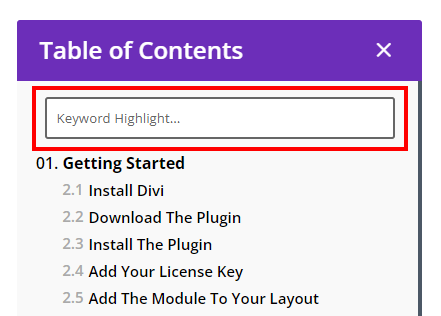 keyword highlight setting in the Divi Table of Contents Maker module plugin by Pee Aye Creative
