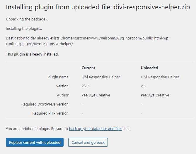 replace WordPress plugin file with currently uploaded new file