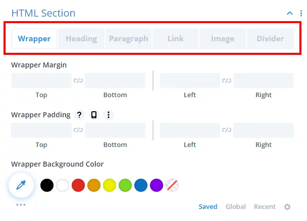 HTML field design settings for the Divi Contact Form Helper plugin