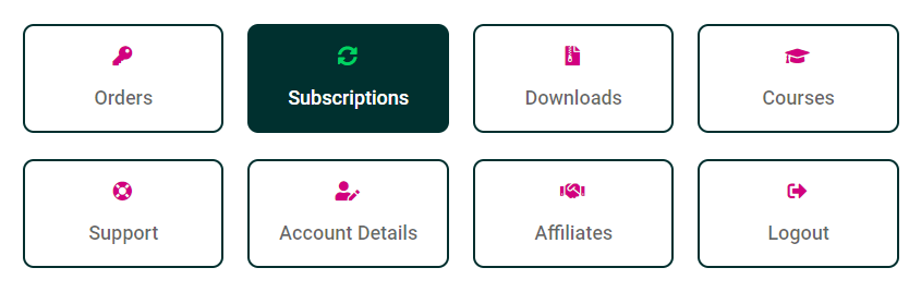 Subscription tab in the account of Pee Aye Creative