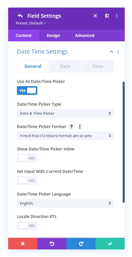 all the date and time picker settings in the Divi Contact Form Helper plugin