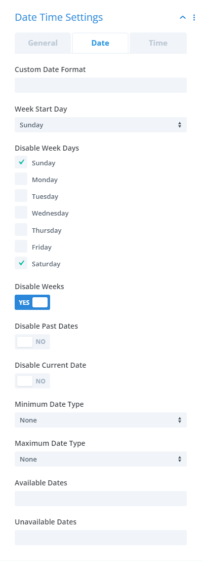 date picker settings in the Divi Contact Form Helper plugin