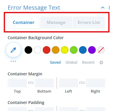 error message design settings in the Divi Contact Form Helper plugin