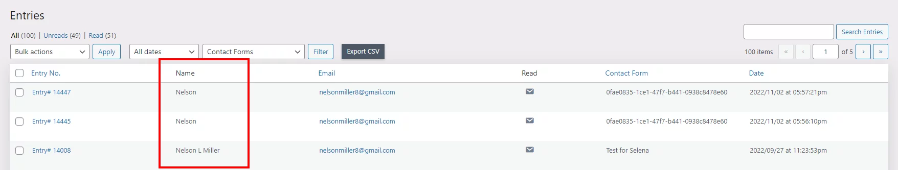 example name column in the Divi Contact Form Helper plugin