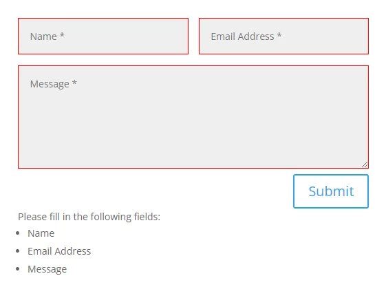 example of the error message at the bottom in the Divi Contact Form Helper plugin