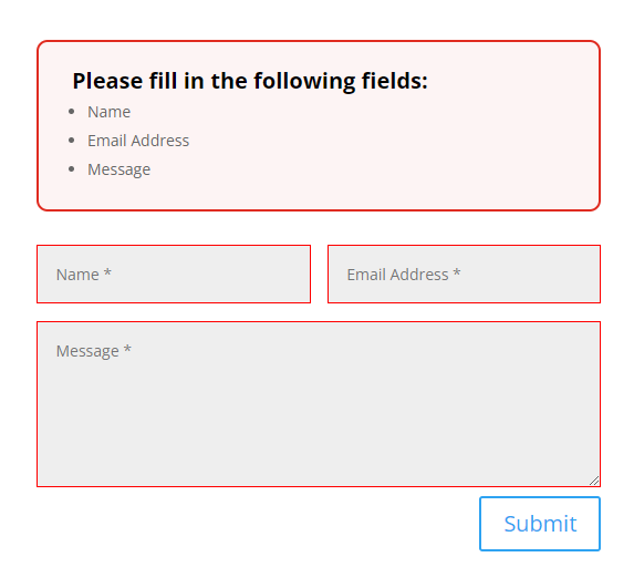 example of the error message design settings in the Divi Contact Form Helper plugin