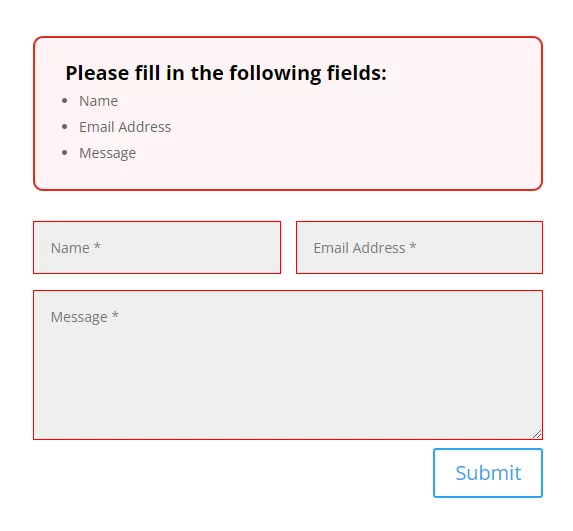 example of the error message design settings in the Divi Contact Form Helper plugin