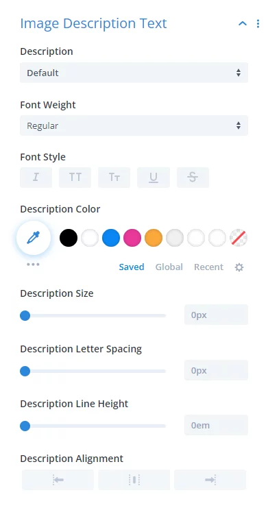 image description text design settings in the Divi Image Helper plugin