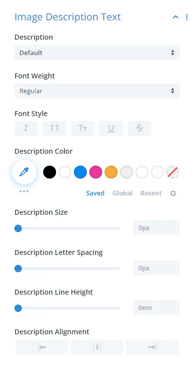 image description text design settings in the Divi Image Helper plugin image description text design settings in the Divi Image Helper plugin