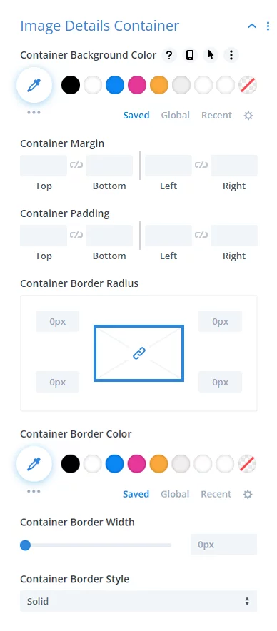 image details container design settings in the Divi Image Helper plugin image details container design settings in the Divi Image Helper plugin
