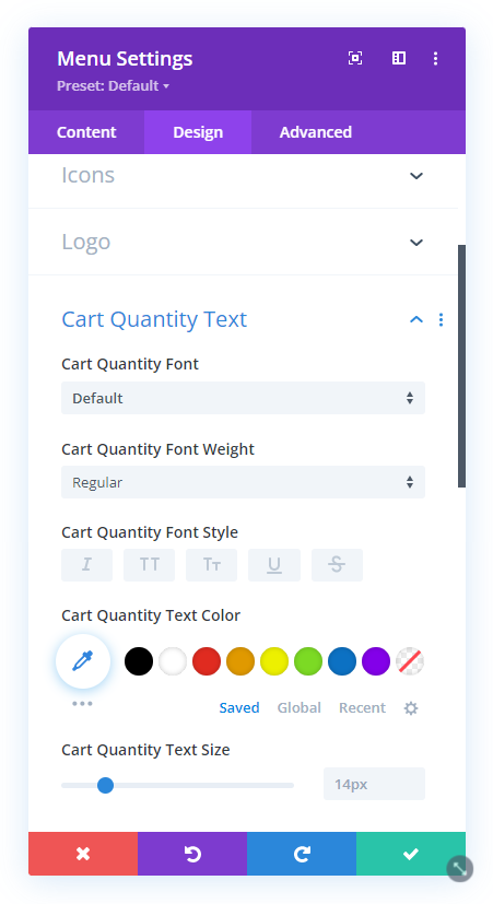 new design settings for the Menu cart quanity text